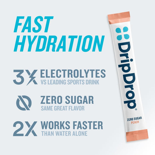 Dripdrop Hydration - Zero Sugar Peach - Electrolyte Drink Mix Single Serve Hydration Powder Packets | Keto & Paleo Friendly | Non-Gmo, Gluten Free, Vegan | 32 Sticks