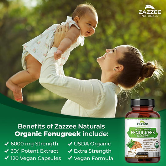 Zazzee Usda Organic Fenugreek 30:1 Extract, 6000 Mg Strength, 120 Vegan Capsules, 4 Month Supply, Standardized And Concentrated 30X Extract, 100% Vegetarian, All-Natural And Non-Gmo