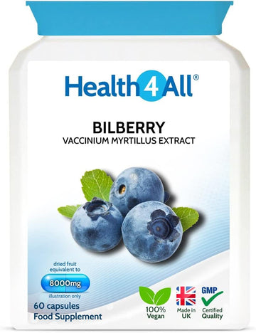 Health4All Bilberry Extract 8,000Mg Per Capsule, 120 Capsules 4 Months Supply, Pure High Strength Bilberry Eye Supplement, Antioxidant For Eye Health With Anthocyanidins, Easy To Swallow | Made In Uk