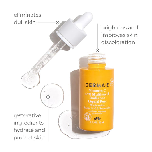 DERMA E Vitamin C 10% Multi-Acid Radiance Liquid Peel – Exfoliating and Brightening Skin Care Treatment with Niacinamide, Lactic Acid and Bromelain – For Uneven Tone and Discoloration, 1 Fl Oz