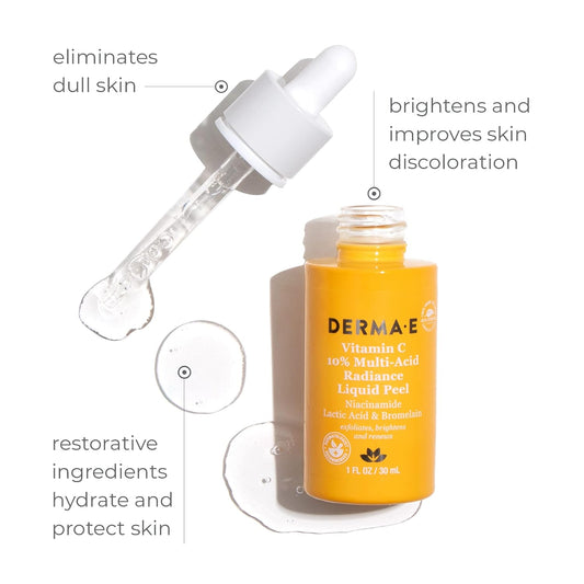 Derma E Vitamin C 10% Multi-Acid Radiance Liquid Peel – Exfoliating And Brightening Skin Care Treatment With Niacinamide, Lactic Acid And Bromelain – For Uneven Tone And Discoloration, 1 Fl Oz