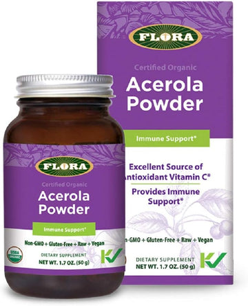 Flora - Acerola Powder, Daily Immune Booster With Vitamin C, Gluten Free & Vegan Vitamin C Antioxidant Powder, 1.7-Oz. Glass Bottle