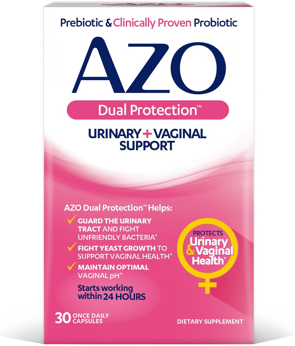 AZO Dual Protection, Urinary + Vaginal Support, Prebiotics and Probiotics for Women*, Starts Working Within 24 Hours, Non-GMO, 30 Count