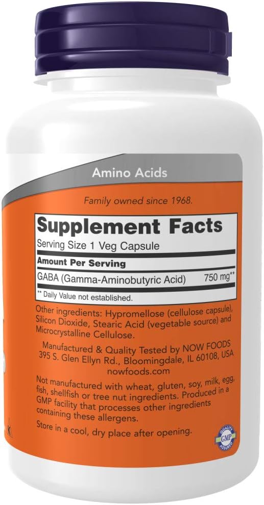 Now Foods Supplements, Gaba (Gamma-Aminobutyric Acid) 750Mg, Neurotransmitter Support*, 100 Veg Capsules