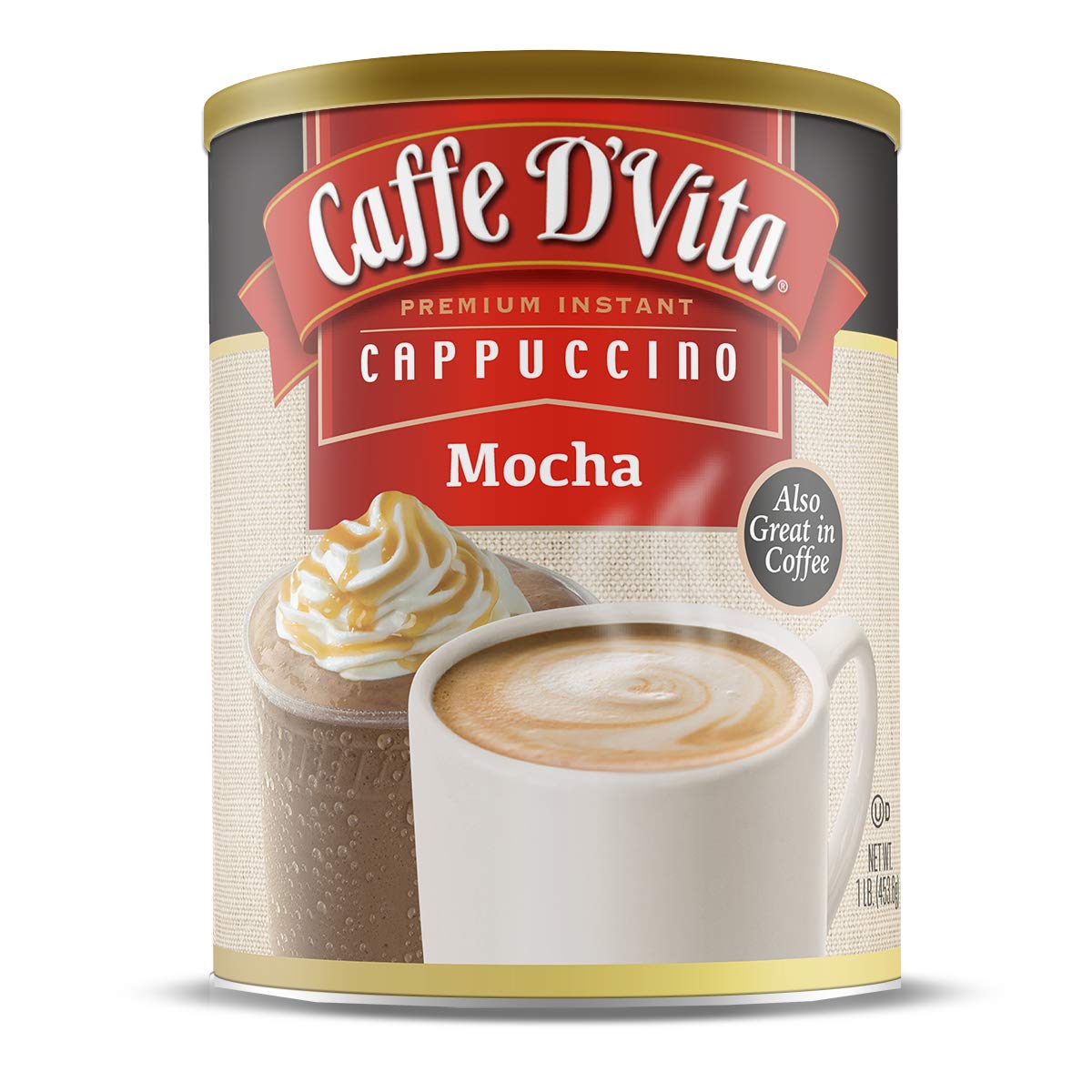 Caffe D’Vita Mocha Cappuccino Mix - Mocha Powder Mix, Instant Cappuccino Mix, Gluten Free, No Cholesterol, No Hydrogenated Oils, No Trans Fat, 99% Caffeine Free, Mocha Mix- 1 Lb Can