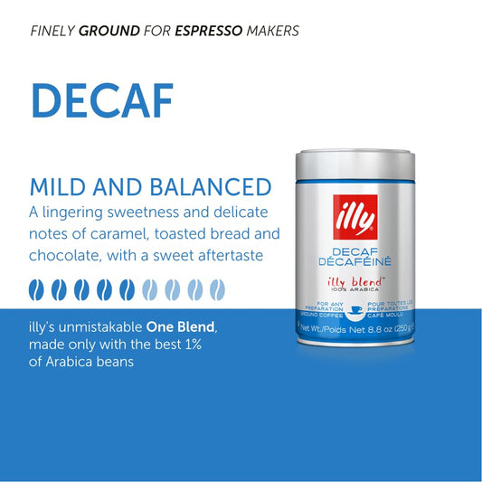 Illy Ground Coffee Espresso - 100% Arabica Coffee Ground – Classico Decaf Roast - Notes Of Caramel, Toasted Bread & Chocolate - Rich Aromatic Profile - Precise Roast - No Preservatives – 8.8 Ounce