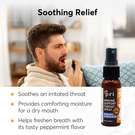 P.R.I Propolis Throat Spray With Manuka Honey, Sore Throat & Immune Support, Fresh Peppermint Taste, 1Oz