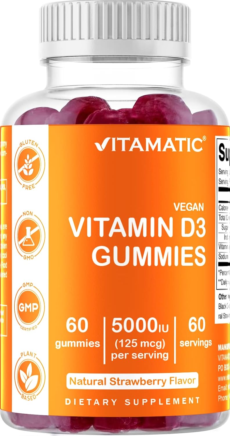 Vitamatic Vitamin D3 Gummies - 5000 IU Per Gummy - 60 Vegan Gummies - Great Taste - Healthy Bones, Teeth, Mood, Joint & Immune System Function