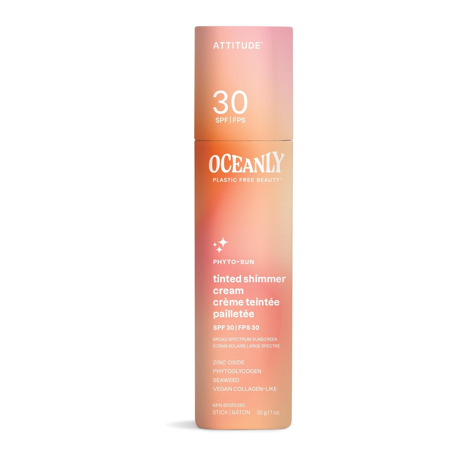 ATTITUDE Oceanly Tinted Shimmer Face Cream Stick with SPF 30, EWG Verified, Plastic-Free, Broad Spectrum UVA/UVB Protection with Zinc Oxide, Universal Tint, Unscented, 1 Ounce