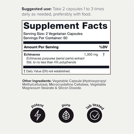 Toniiq Ultra High Strength Echinacea Capsules (Non-Gmo) - 1300Mg - 4% Polyphenols - Highly Concentrated And Bioavailable - 120 Capsules