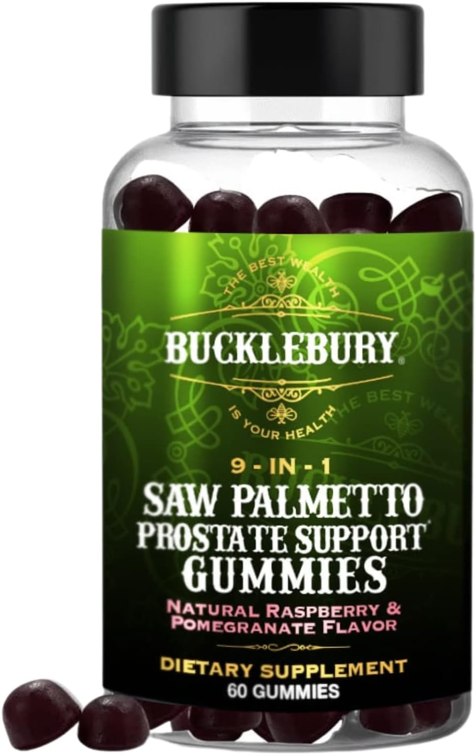 BUCKLEBURY 9-in-1 Saw Palmetto Gummies for Prostate and Urinary Support - Natural Raspberry and Pomegranate Flavour Plant-Based Dietary Supplement for Bladder Emptying and Hair Loss - 60 Gummies