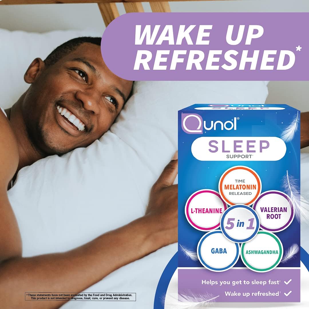 Qunol Sleep Support, 5-in-1 Sleep Aid, with time-released Melatonin, Ashwagandha, GABA, Valerian Root, L-Theanine, capsules, 30 ct : Health & Household