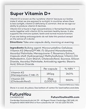 Super Vitamin D+ Supplements – High Strength D3 And K2 Vitamin Capsules For Bone Health And Density – Vitamins For Tiredness And Fatigue – Vitamin D Tablets By Futureyou Cambridge