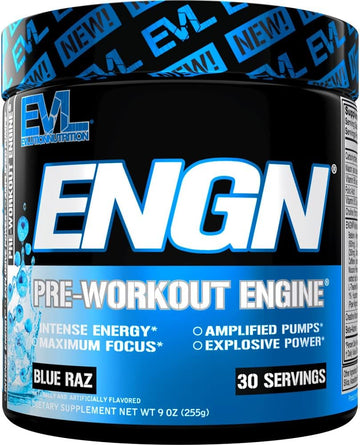 Evl Intense Pre Workout With Creatine - Pre Workout Powder Drink For Lasting Energy Focus And Recovery - Engn Energizing Pre Workout For Men With Beta Alanine Caffeine And L Theanine - Blue Raz