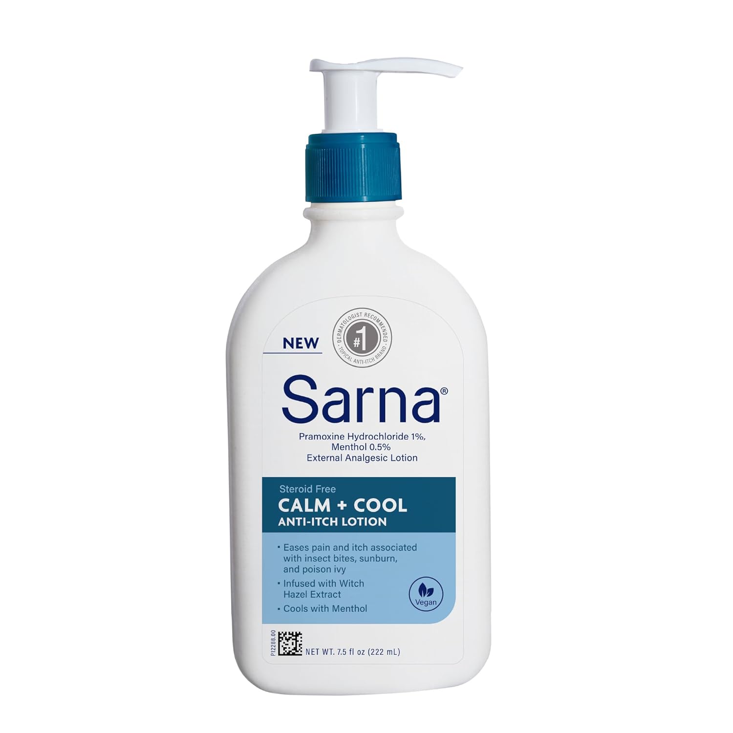 Sarna Calm + Cool Anti-Itch Lotion, Soothe And Relieve Pain And Itch From Insect Bites, Sunburn, & Poison Ivy, Contains 1% Pramoxine Hydrochloride, 0.5% Menthol, Vegan, Steroid-Free, 7.5Oz