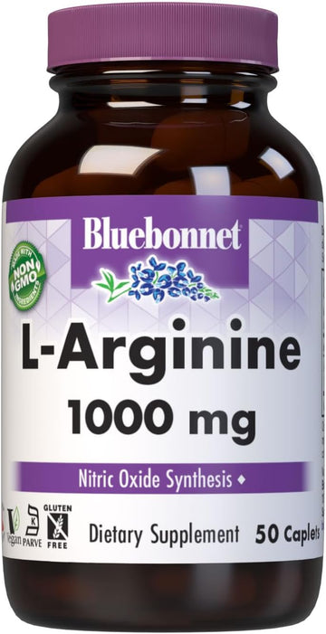 Bluebonnet Nutrition L-Arginine 1000Mg, Free-Form Amino Acid, Nitric Oxide Precursor, Gluten-Free, Non-Gmo, Kosher Certified, Vegan, 50 Caplets, 50 Servings