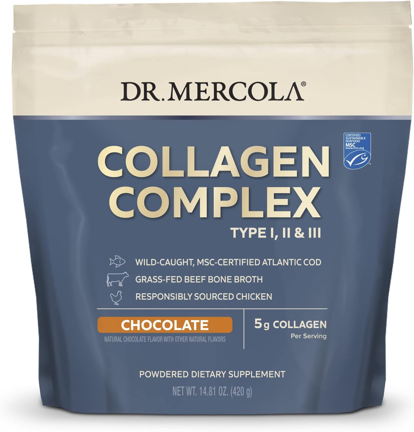 Dr. Mercola Collagen Complex Powder, Chocolate Flavor, 30 Servings, Powdered Dietary Supplement, Supports Youthful-Looking Skin, Non-GMO, MSC Certified