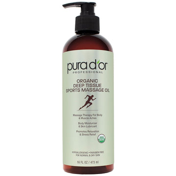 Pura D'Or 16 Oz Organic Deep Tissue Sports Massage Oil For Toned Sore Muscles - Jojoba Oil, Sunflower Oil, Almond Oil, Grapefruit Oil & Eucalyptus Oil - Alleviate Muscle Soreness