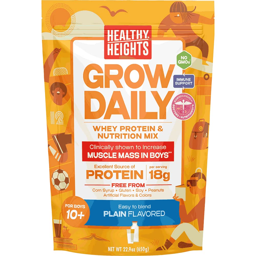 Healthy Height Grow Daily Boys 10+ Shake Mix Bag Protein Powder (Plain) - Developed by Pediatricians - High in Protein Nutritional Shake - Contains Key Vitamins & Minerals - No Added Sugar