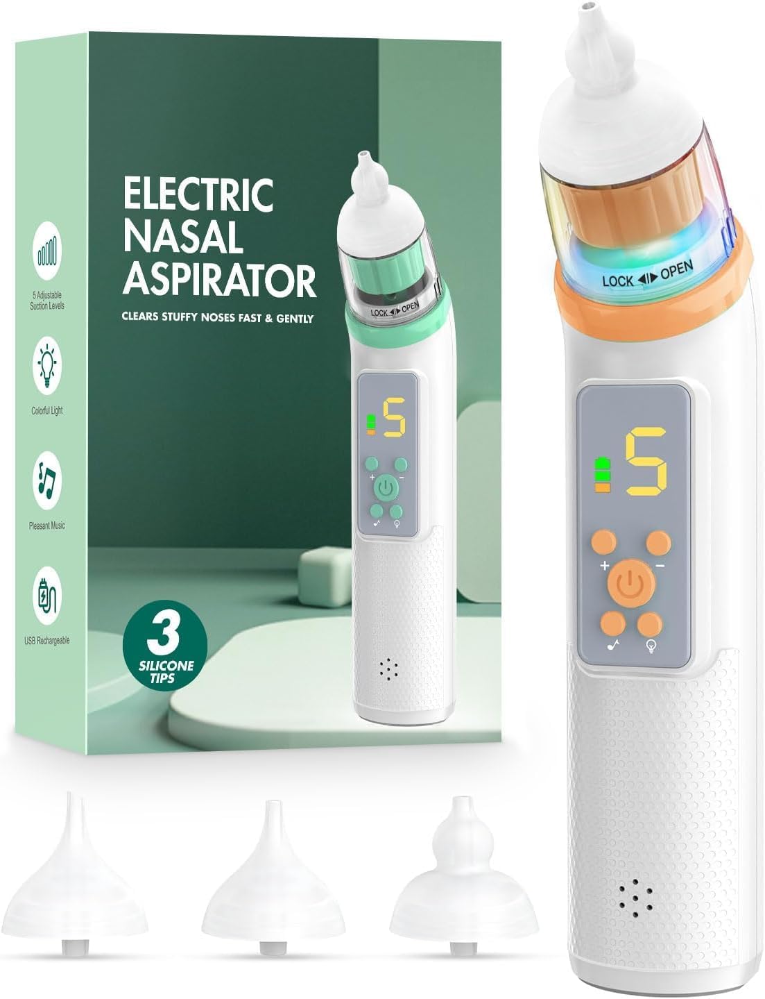 Nasal Aspirator for Baby, Electric Baby Nose Sucker with Adjustable 5 Levels Suction, Baby Nasal Aspirator with Music and Lights, Nose Sucker for Toddler with 3 Tips, Orange