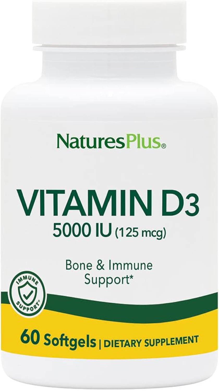 Natures Plus Vitamin D3 (Cholecalciferol) - 5000 Iu, 60 Softgels - Bone Health, Heart Health & Immune System Support Supplement, Bioavailable Active Form - Gluten-Free - 60 Servings