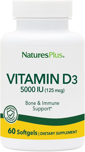 Natures Plus Vitamin D3 (Cholecalciferol) - 5000 Iu, 60 Softgels - Bone Health, Heart Health & Immune System Support Supplement, Bioavailable Active Form - Gluten-Free - 60 Servings