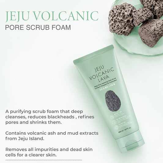 The Face Shop Jeju Volcanic Lava Deep Pore Cleansing Foam Scrub - Absorbs Sebum Pore Cleanser - Pore Control Exfoliating Face Wash Face Scrub - Blackhead Removal - Korean Skin Care Face Exfoliator