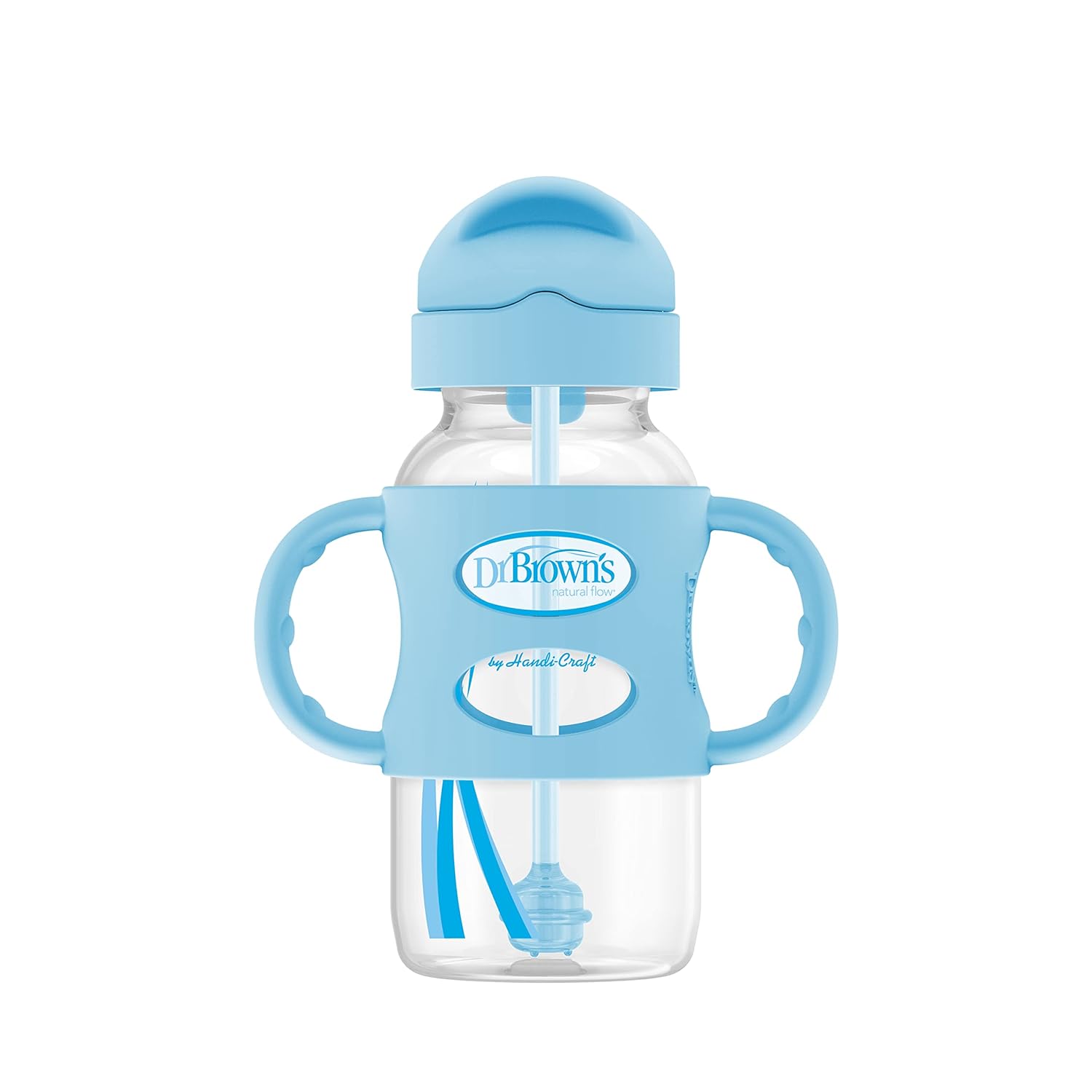 Dr. Brown'S Milestones Wide-Neck Sippy Straw Bottle With 100% Silicone Handles And Weighted Straw, 9 Oz/270 Ml, Blue, 6M+