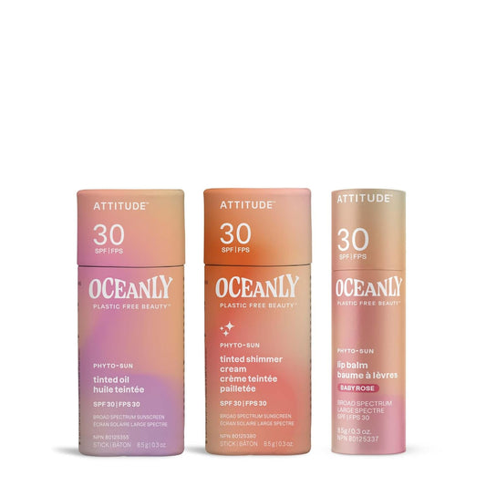 Attitude Oceanly Suncare Spf 30 Routine Skincare Box Set, Ewg Verified, Plastic-Free, Broad Spectrum Uva/Uvb Protection With Zinc Oxide, Vegan, Unscented, Set Of 3 Travel Size Sticks