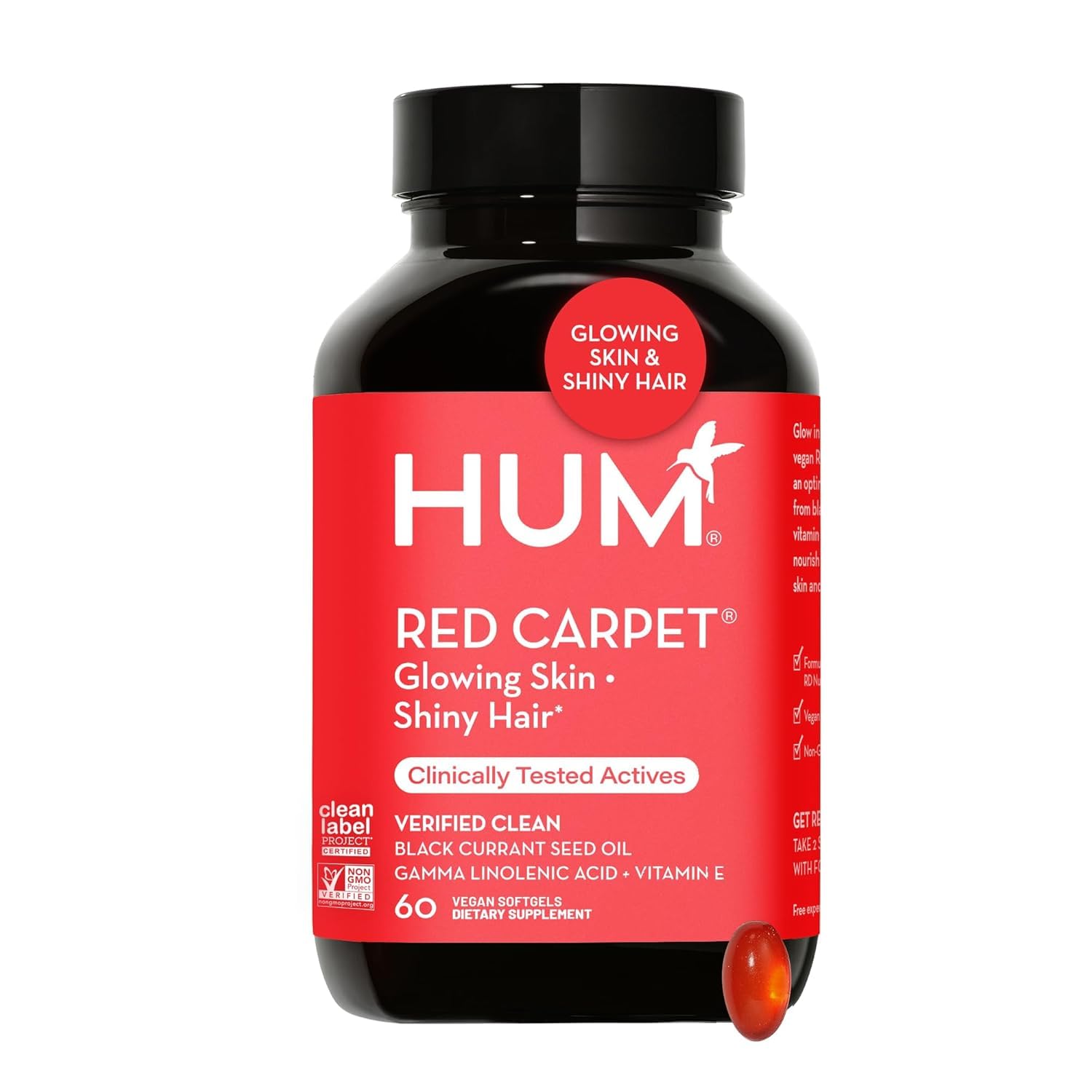 Hum Red Carpet - Skin & Hair Supplement - Black Currant Seed Oil For Glowing Skin & Strong Thicker Hair With Vitamin E & Omegas 3/6 - Hair Growth Vitamins For Women (60-Count)