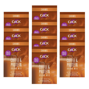 CLICK All-in-One Protein & Coffee Meal Replacement Drink Mix, Caramel, 10 Single Serving Packets (1.1 Ounce)