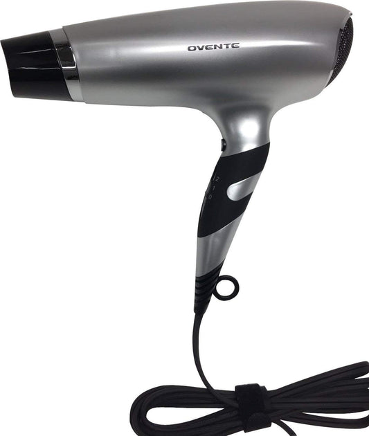 Ovente 1875 Watt Lightweight Hair Dryer, Ionic & Tourmaline Technology, Ideal for Body, Volume & Smoothing, Concentrator Nozzle Attachments & Travel Bag for Home or Professional Use, Silver X2110S