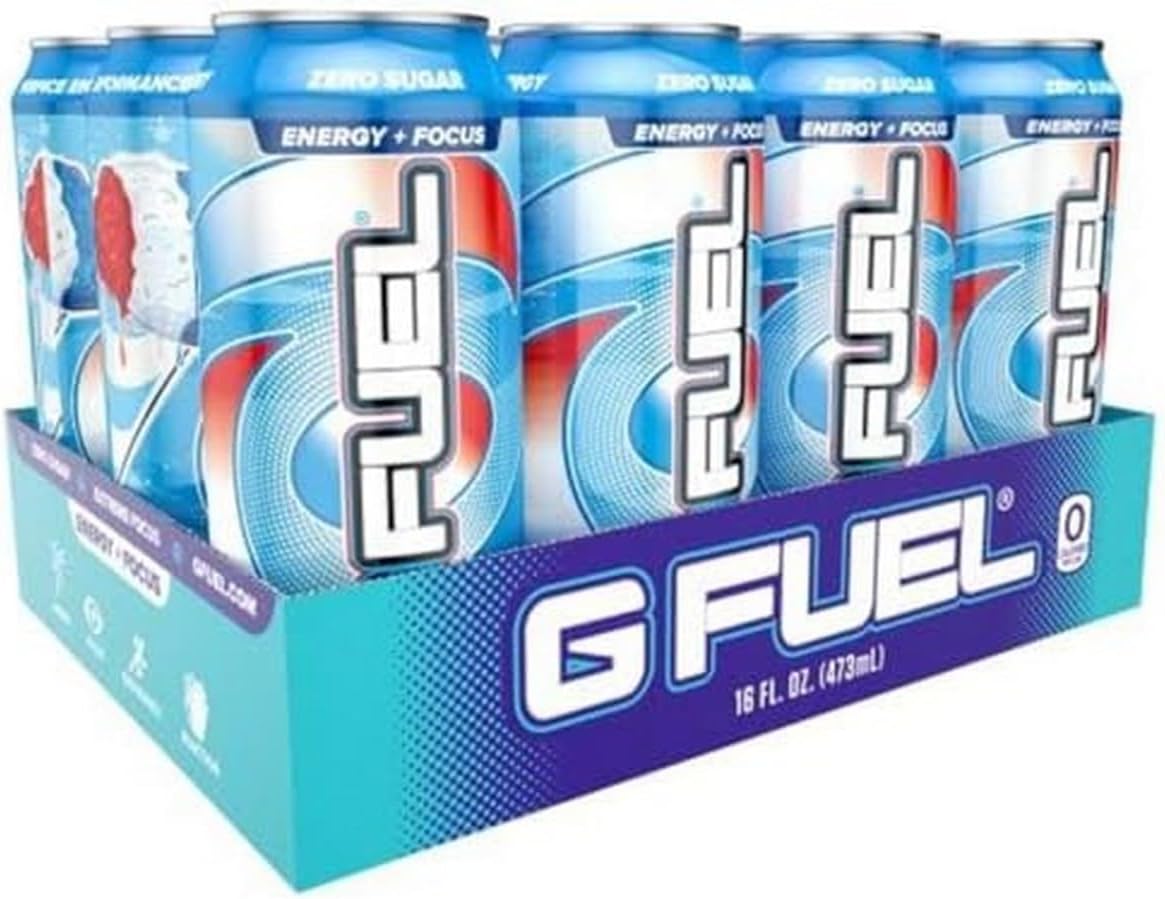 G Fuel Snow Cone Energy Drink, Sugar Free, Healthy Drinks, Zero Calorie, 300 Mg Caffeine Per Carbonated Can, Focus Amino, Vitamin + Antioxidants Blend - 12 Pack