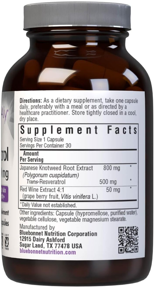 Bluebonnet Nutrition Beautiful Ally Resveratrol 500Mg, Protect Skin Integrity*, Non-Gmo, Vegan, Gluten-Free, Soy-Free, Dairy-Free, 30 Vegetable Capsules, 30 Servings