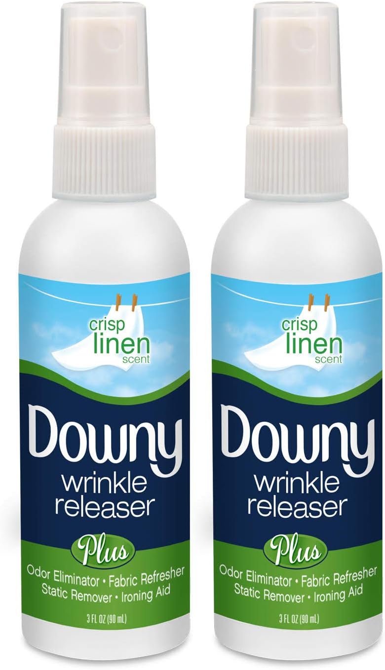 Downy Wrinkle Release Spray, Travel Size Spray, All In One Formula, Removes Wrinkles, Static and Odor Eliminator, Crisp Linen Scent, 3 Fl Oz, Pack of 2