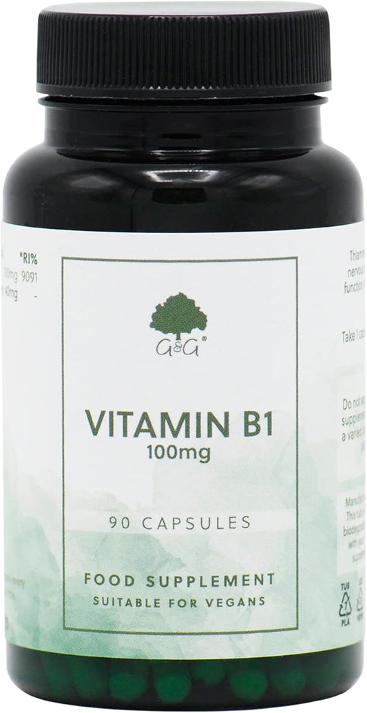 Vitamin B1 Thiamine Hcl Capsules - 100Mg Of B1 Thiamine Hcl Per Capsule - 90 Vegan Capsules - G&G Vitamins