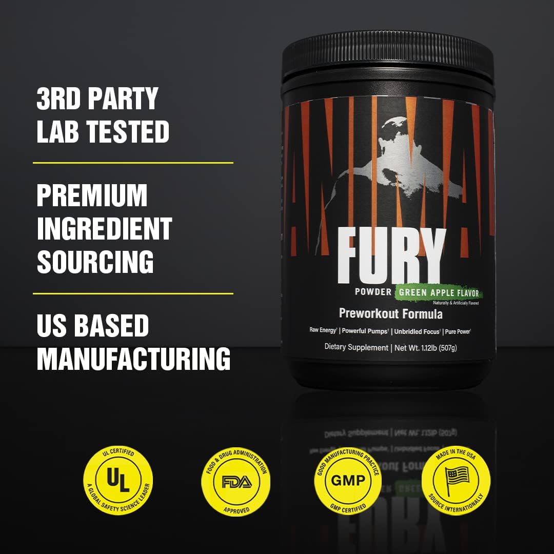 Animal Fury Pre Workout Powder Supplement for Energy and Focus 5g BCAA