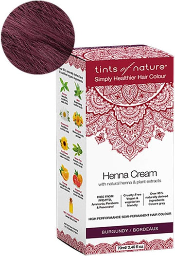 Tints Of Nature Burgundy Semi-Permanent Henna Cream Hair Colour, Ammonia-Free And 95% Natural, 70Ml