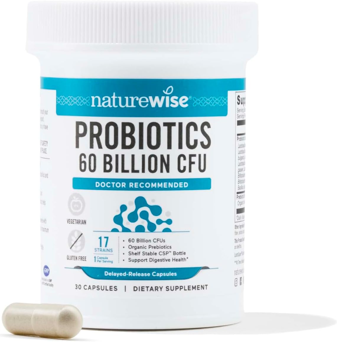 NatureWise Probiotics 60 Billion CFU - 17 Strains + Organic Prebiotics - Immune, Digestive & Gut Health Probiotics for Women & Men - Vegetarian, Gluten-Free, Non-GMO - 30 Capsules[1-Month Supply]