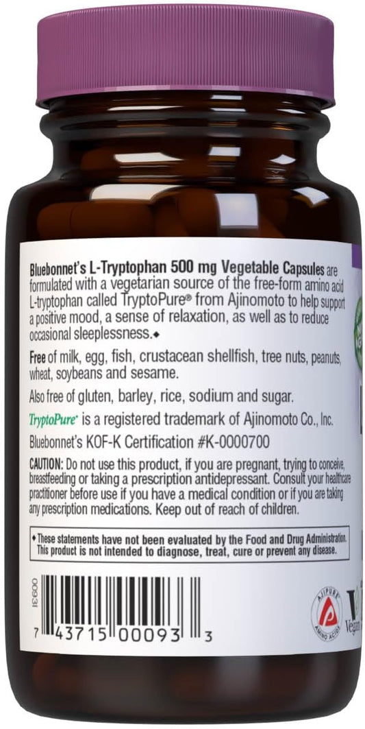 BlueBonnet L-Tryptophan 500 mg Vitamin Capsules, 30 Count
