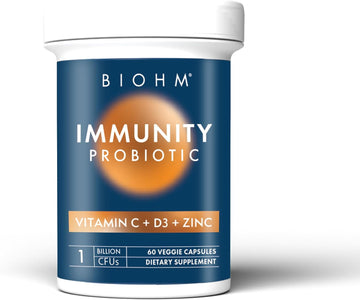 Biohm Immunity Probiotic With Vitamin C, D3 & Zinc, 1 Billion Cfu (60 Capsules) Daily Probiotics For Women & Men, Digestive Health & Immune Support, Vegan, Gluten-Free And Non-Gmo
