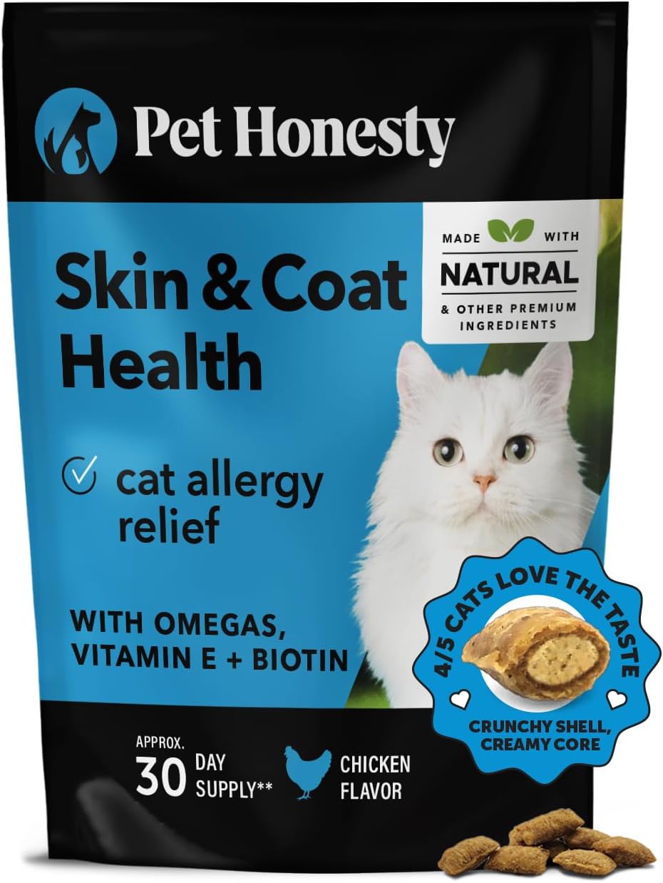 Pet Honesty Cat Skin & Coat Health Chews - Omegas, Vitamin C + E, Biotin Supplement, Soothes Skin And Promotes Shiny Coat, Cat Supplements & Vitamins - Chicken (30-Day Supply)