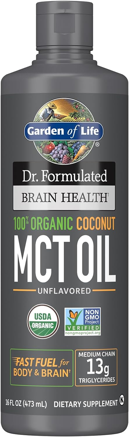 Garden of Life Dr. Formulated Brain Health 100% Organic Coconut MCT Oil 16 fl oz Unflavored, 13g MCTs, Keto & Paleo Diet Friendly Body & Brain Fuel, Certified Non-GMO Vegan & Gluten Free, Hexane-Free