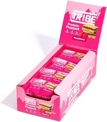 Tribe 3-Layered Protein Flapjack Raspberry, 50G - Healthy Snack Bars - Vegan, Dairy Free & Gluten Free (Pack Of 12 Bars)