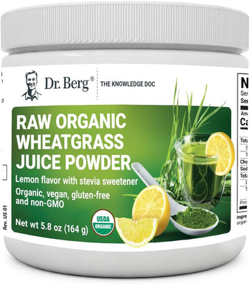 Dr. Berg Usda Certified Organic Green Powder Superfood (60 Servings) - Made With Raw Wheatgrass Powder, Chlorophyll, Trace Minerals & Natural Enzymes - Non-Gmo Green Superfood Powder - Lemon Flavor