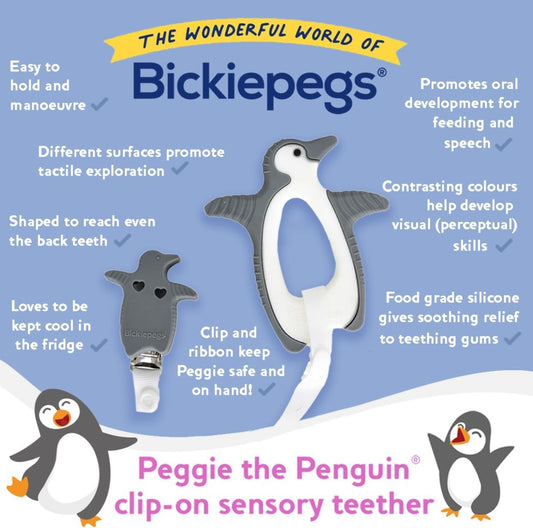 Bickiepegs Peggie The Penguin Teether – Baby Teething Toy with Clip – BPA-Free Silicone Teething Dummy – Soft and Soothing Chewy Toys for Gum Relief – Cute Baby Essentials for 3 Month Olds