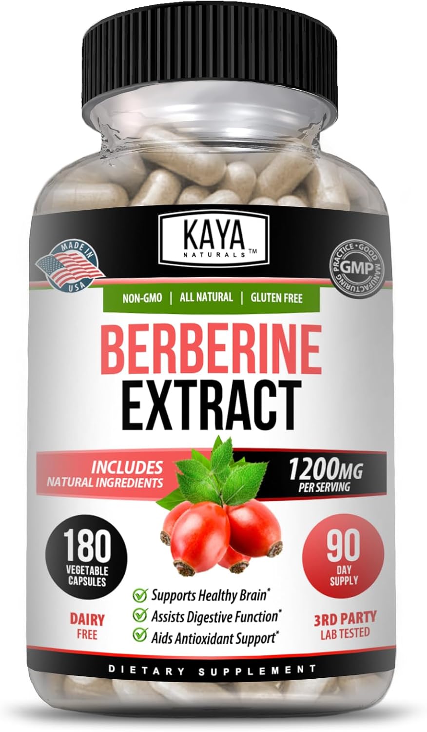 Kaya Naturals Berberine Hcl Extract 1200Mg - Supports Strong Immune System - Helps With Glucose Levels, Improve Gut Health (Vegetarian, Non-Gmo & Gluten-Free) Berberine Supplement (180 Count)
