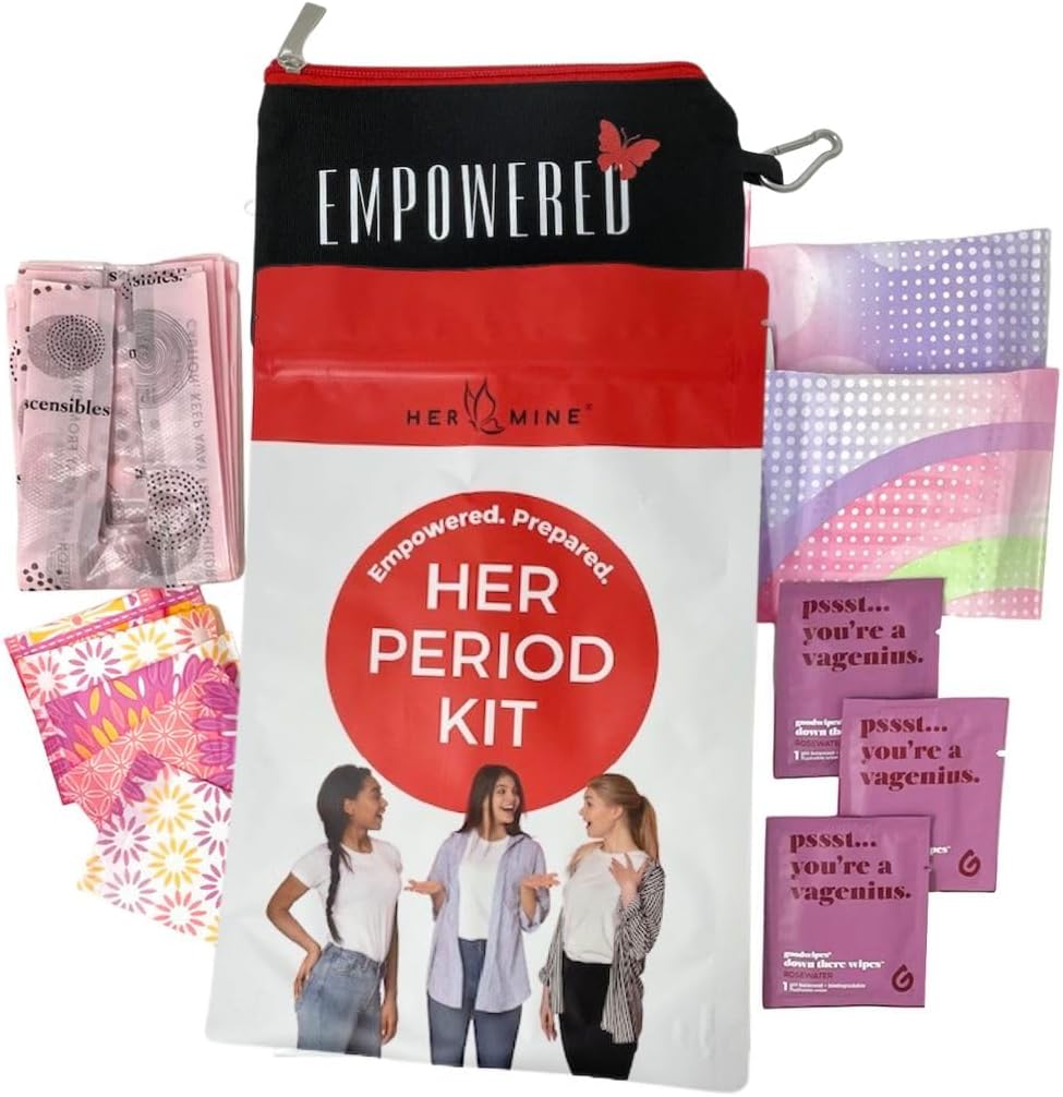 HER-MINE 16 Piece First Period Kit for Girls 10-12 | Period School Supplies for Teen Girls | Hygiene Kit with Period Pads, Mini Pads, Wipes, and Disposal Bags in a Period Bag (Color Varies, 1-Pack)