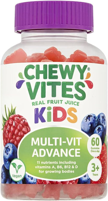 Chewy Vites Kids Multivitamin Advance, 60 Kids Vitamins Gummies, 11 Essential Nutrients, 2 Months Supply, Real Fruit Juice, Vegan, Age 3 +, Blueberry And Raspberry Flavour