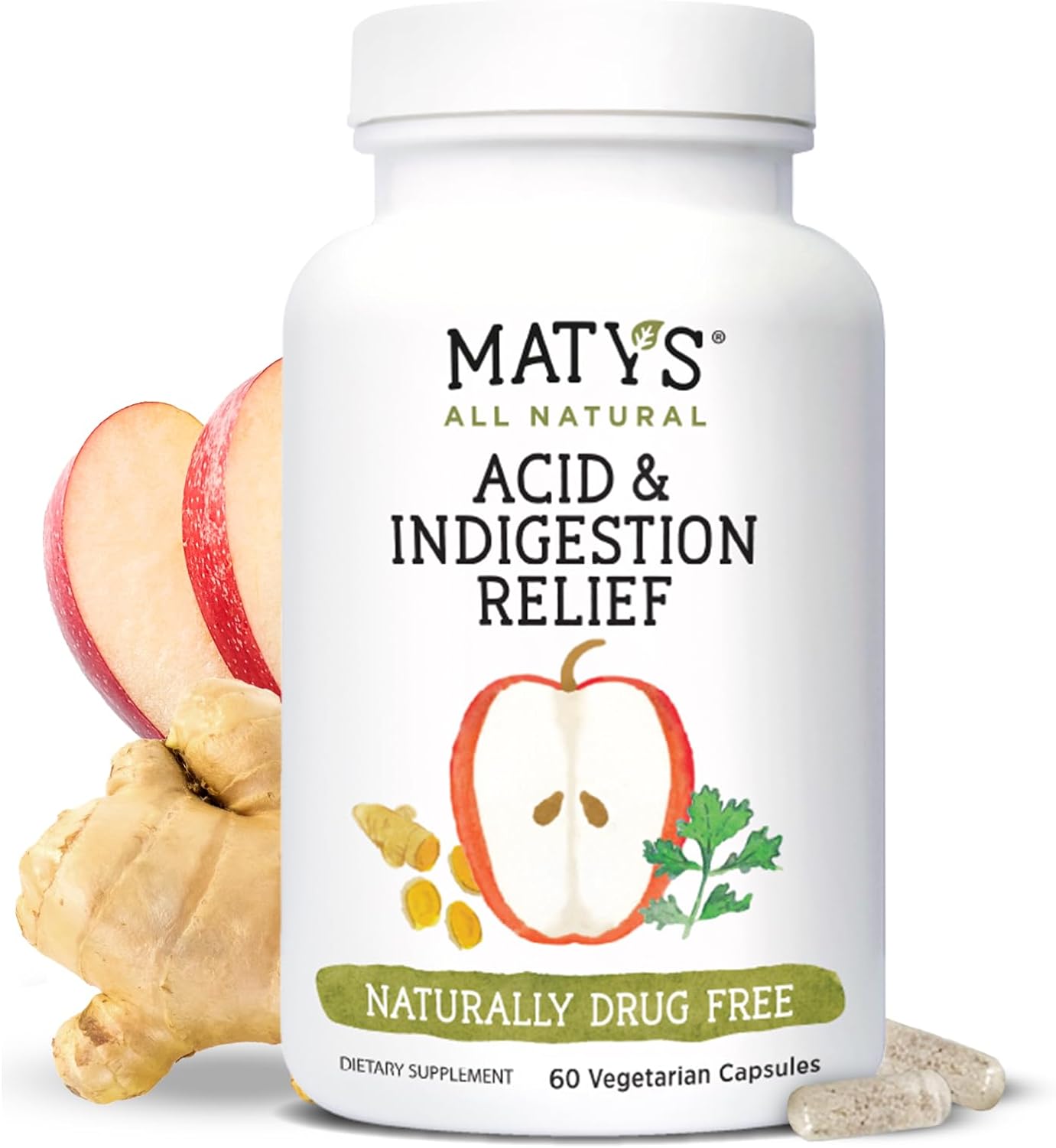 Matys Acid & Indigestion Relief Capsules, Safe Antacid Alternative for Occasional Acid Reflux & Heartburn, Made with Apple Cider Vinegar, Soy & Gluten Free Vegetarian Capsules, 60 Count, 30 Servings
